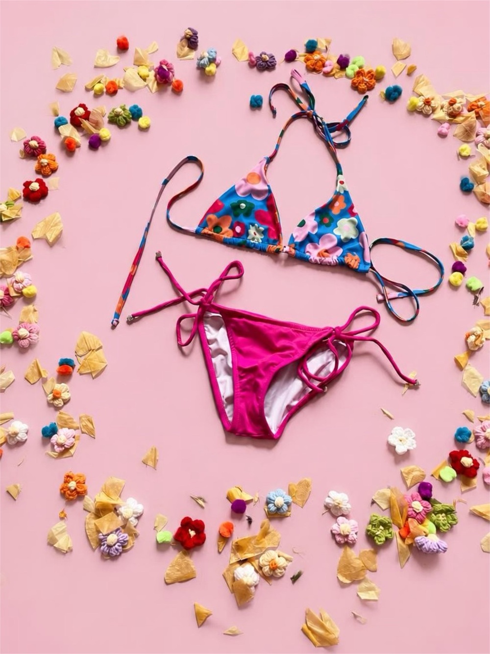 VENUS Pink Tie-Side Bottom with Multicolor Floral Triangle Bikini Top